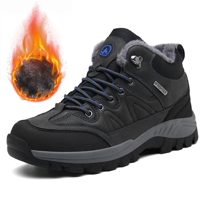 Black winter boot with fur lining and flame graphic on a white background