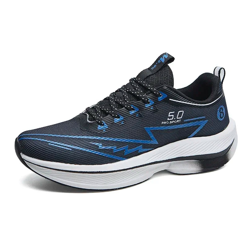 Black and blue running shoe on a white background