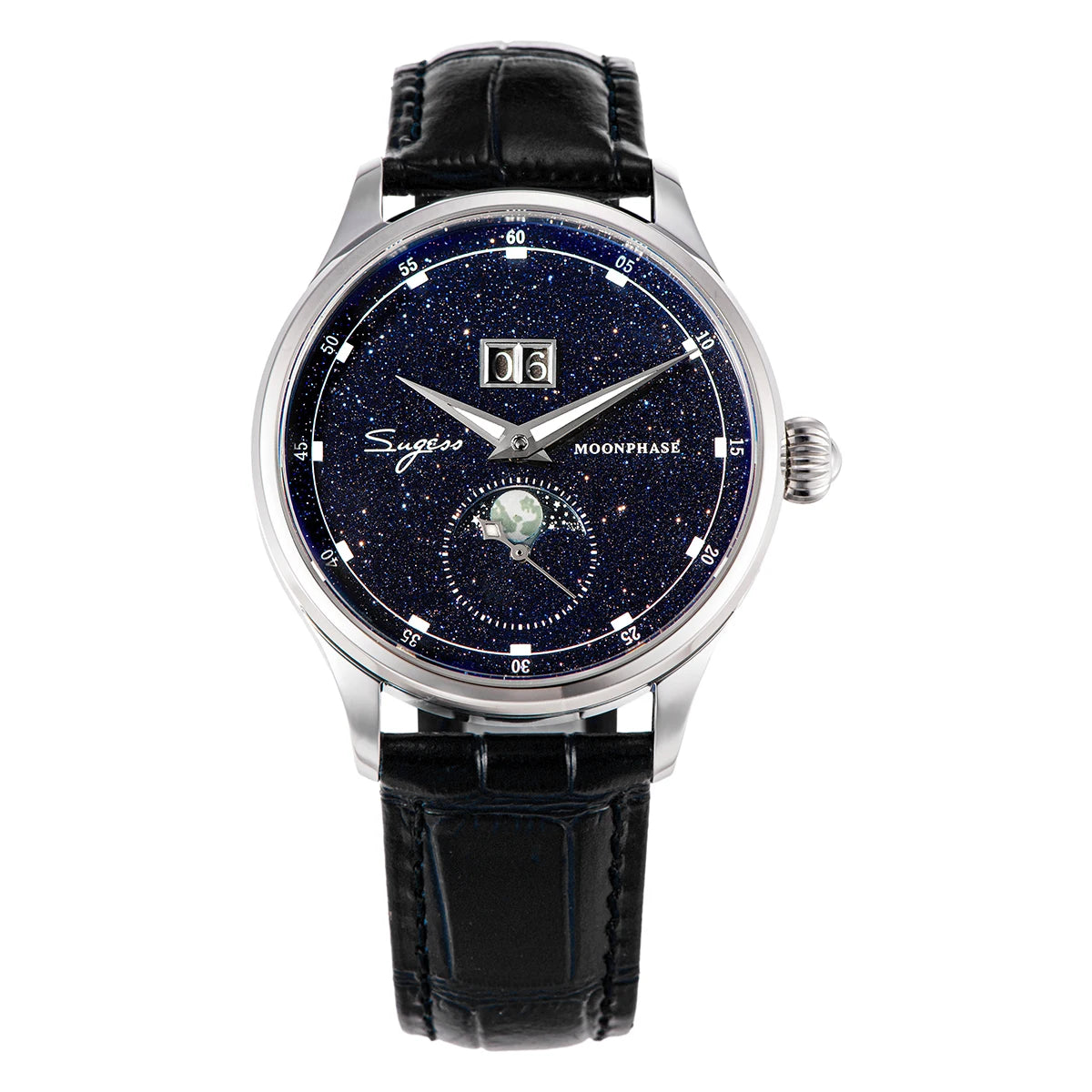 Watch with black leather strap and starry face on white background
