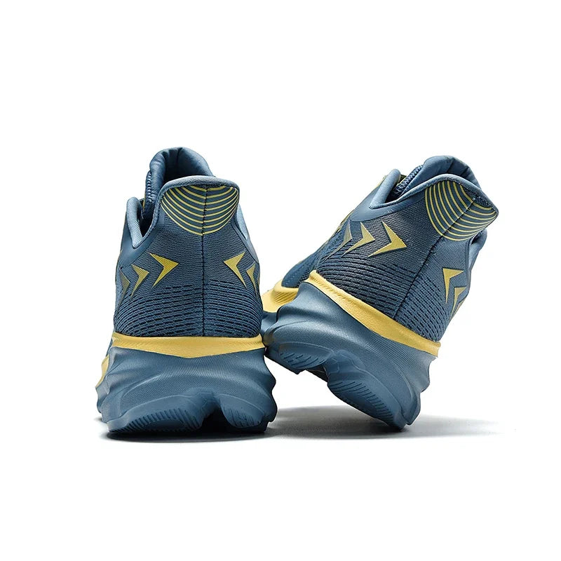 Blue and yellow athletic shoes on a white background