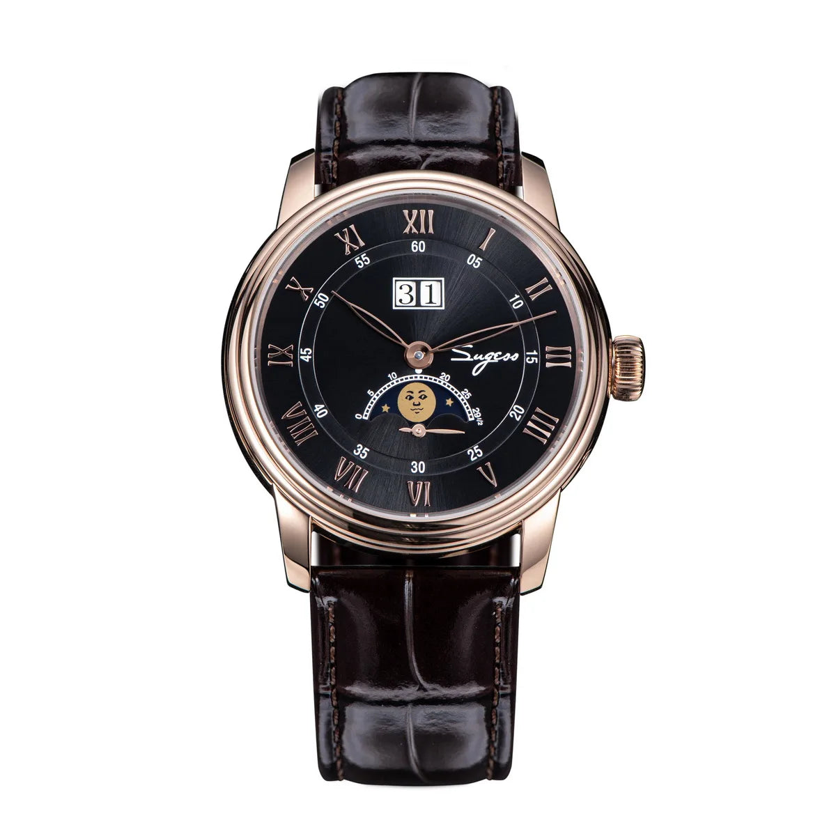 Luxury watch with black face and leather strap on a white background