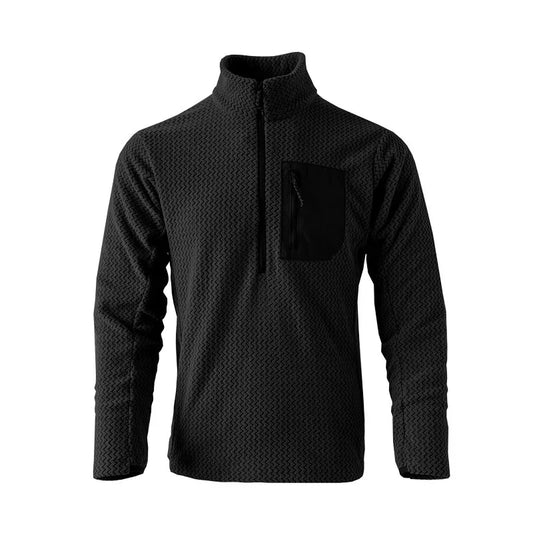 Black long-sleeve shirt with a quarter-zip design on a white background