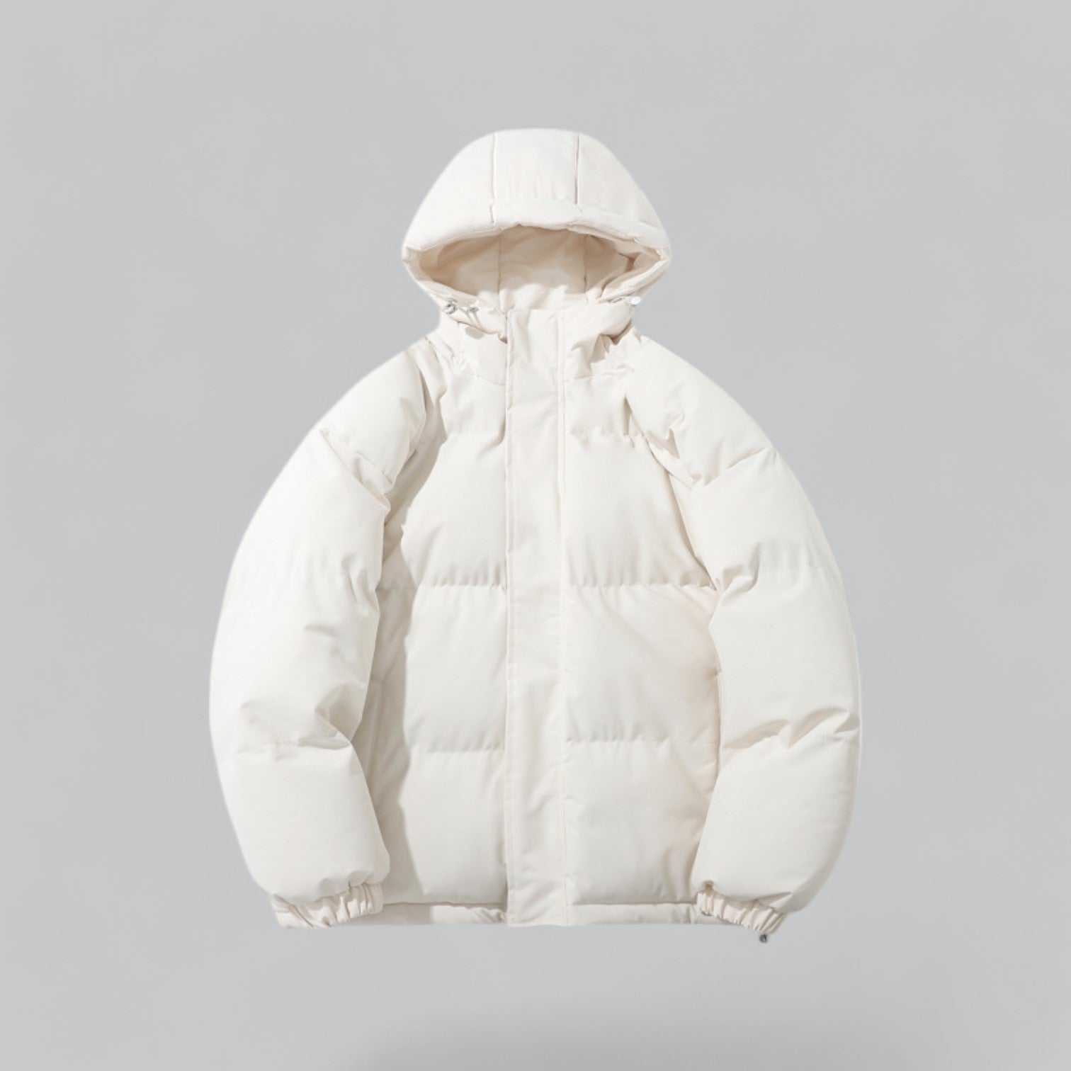 White puffer jacket with a hood on a gray background