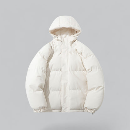 White puffer jacket with a hood on a gray background