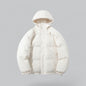 White puffer jacket with a hood on a gray background