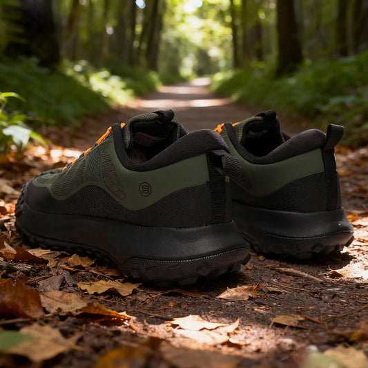 Pair of hiking shoes on a forest path with sunlight filtering through the trees.