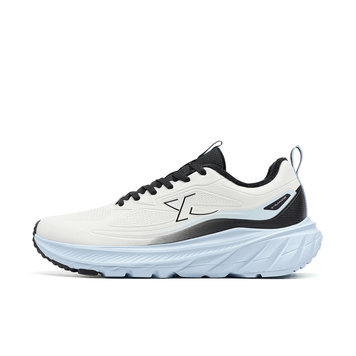 White running shoe with black accents on a white background