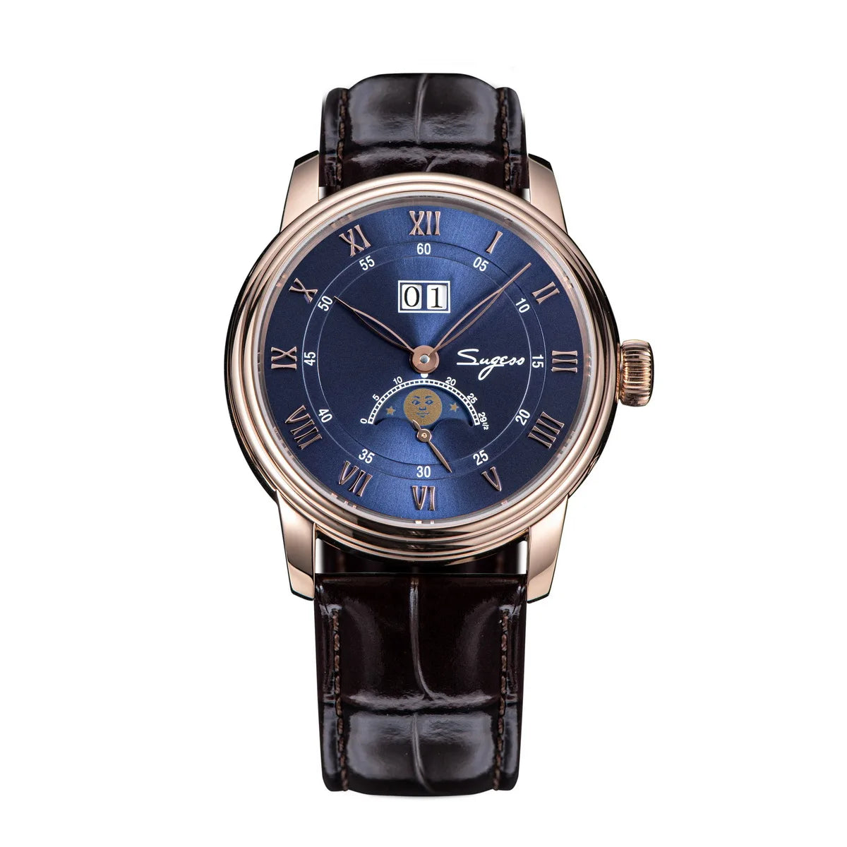 Luxury watch with blue dial and black leather strap on a white background