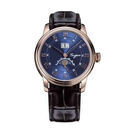 Luxury watch with blue dial and black leather strap on a white background