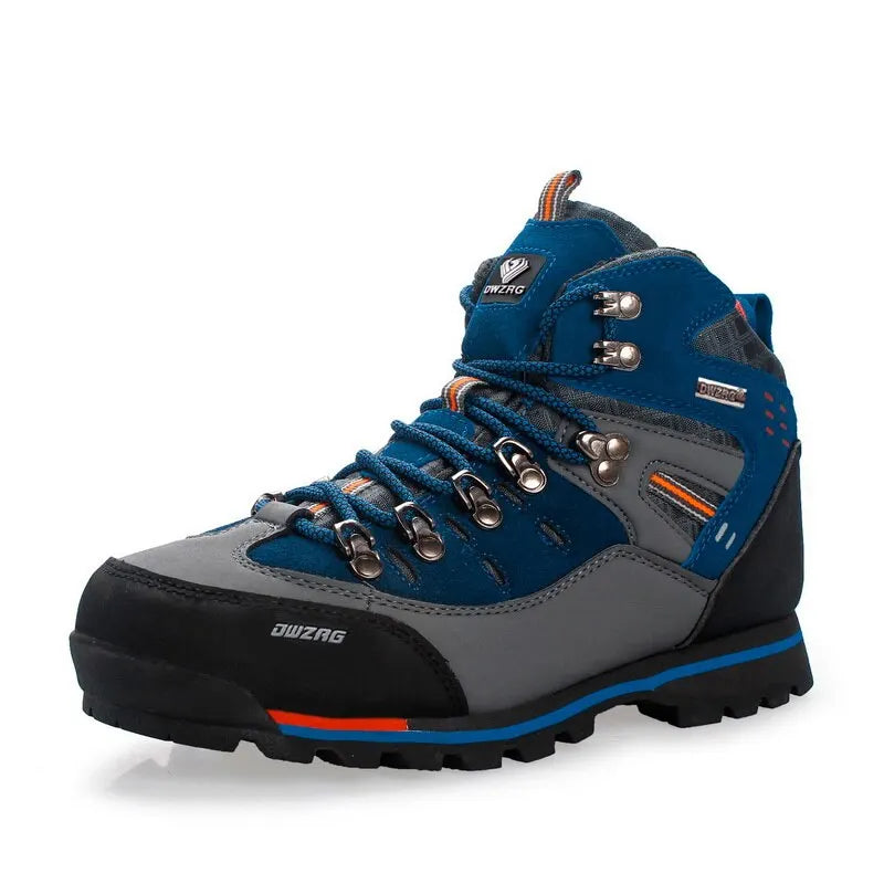 Blue and gray hiking boot with orange accents on a white background
