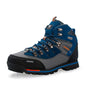 Blue and gray hiking boot with orange accents on a white background