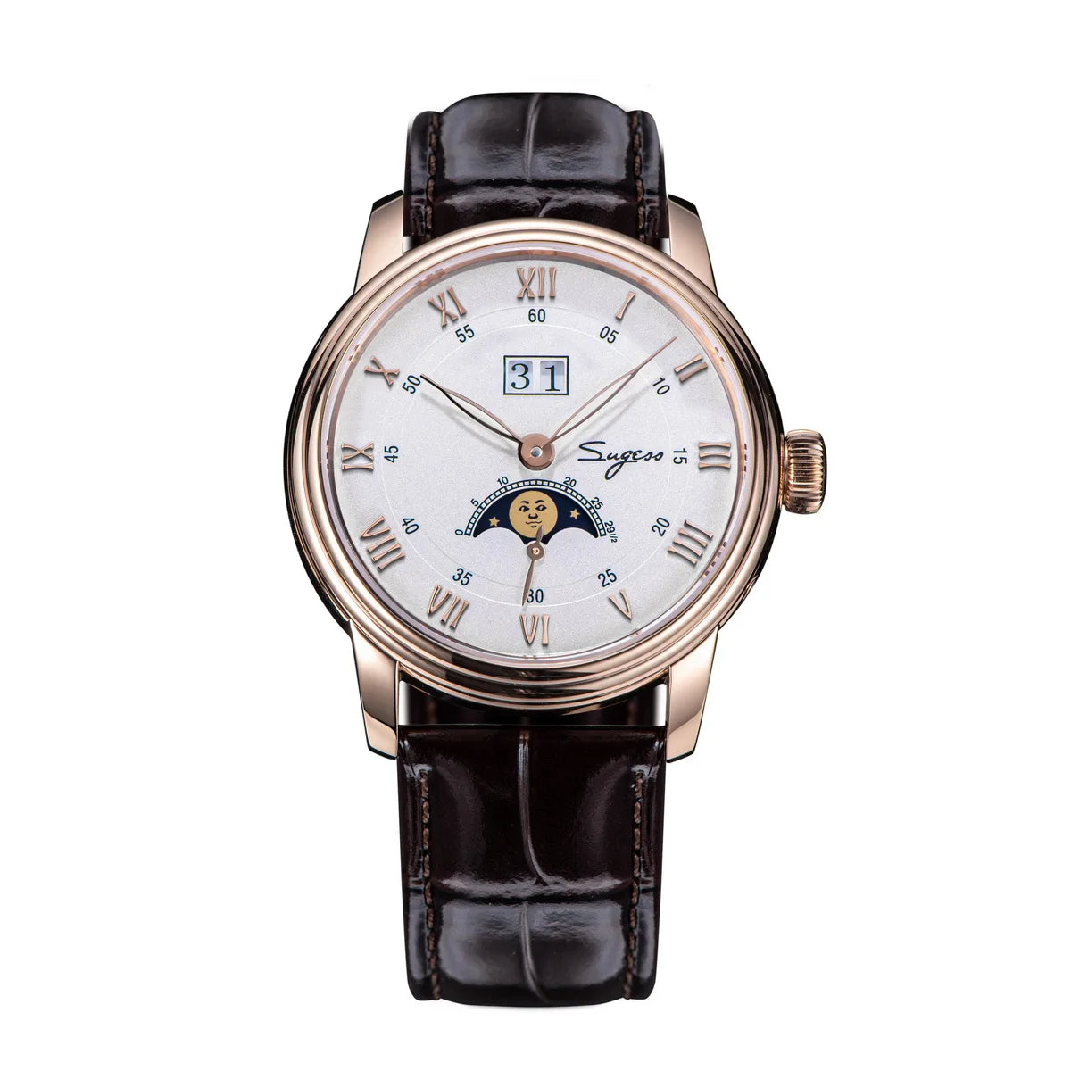Luxury watch with a white face and brown leather strap on a white background