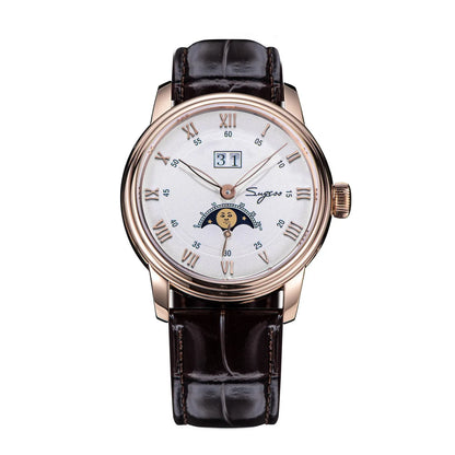 Luxury watch with a white face and brown leather strap on a white background