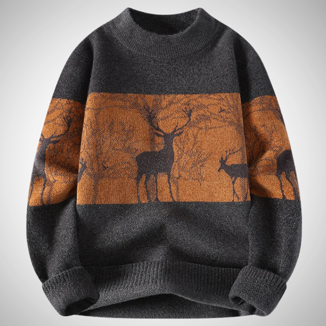Gray sweater with deer pattern on a light gray background