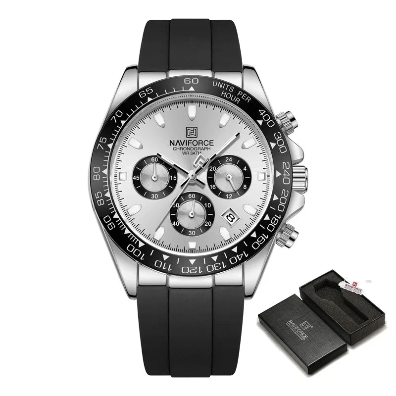 Naviforce watch with black strap and silver dial on a white background