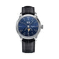 Luxury watch with blue dial and black leather strap on a white background