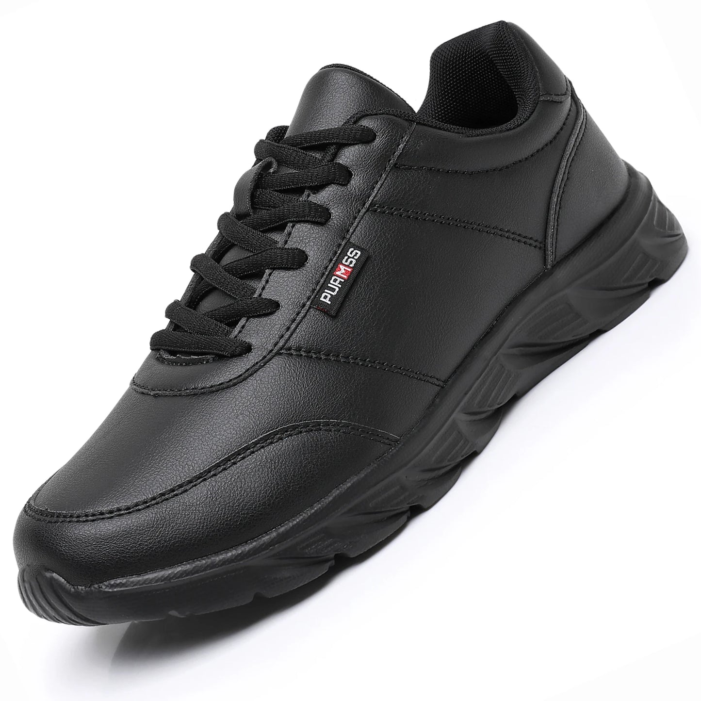 Black sneaker with visible brand logo on a white background