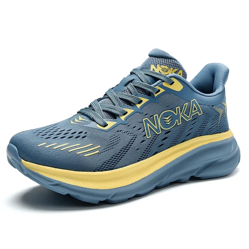 Blue and yellow running shoe with 'Noka' branding on a white background