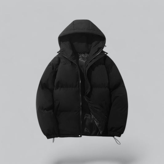 Black puffer jacket with a hood on a light gray background