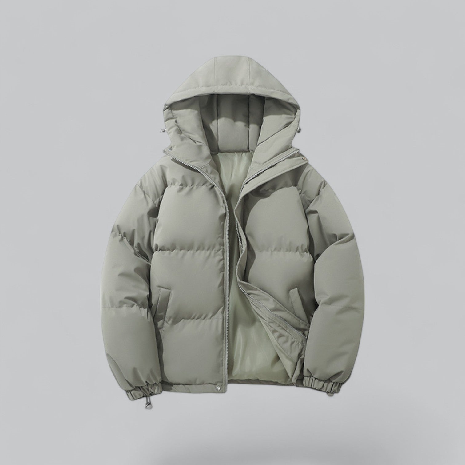Light gray puffer jacket with a hood on a light gray background