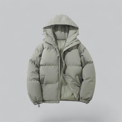 Light gray puffer jacket with a hood on a light gray background