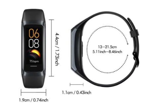 Smartwatch with measurement details on a white background