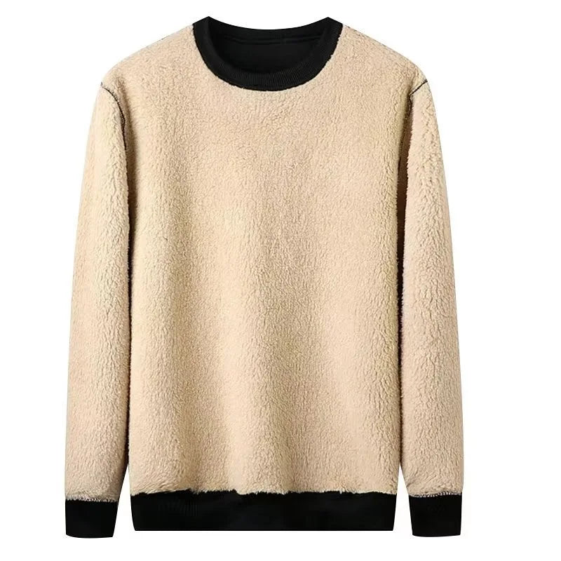 Beige fleece sweater with black cuffs and hem on a white background