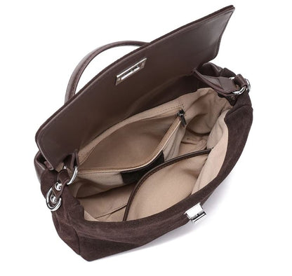 Brown handbag with beige interior on a white background