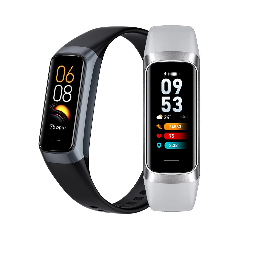 Smart fitness band with AMOLED display on a white background