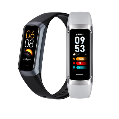 Smart fitness band with AMOLED display on a white background