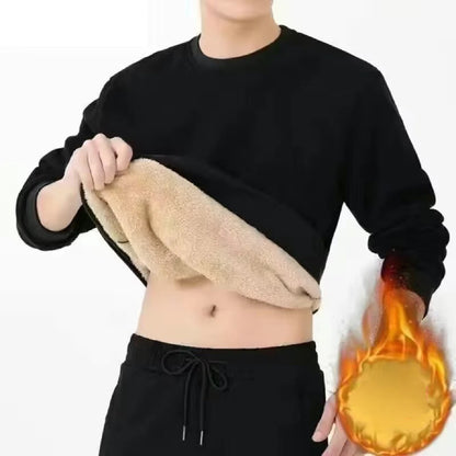 Person wearing a black sweatshirt and black pants holding a beige towel with a flame graphic on a white background