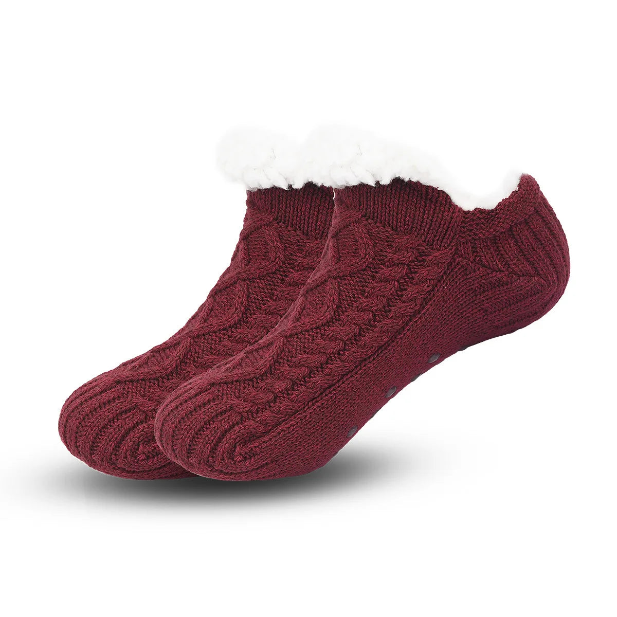 Pair of maroon knit socks with white lining on a white background
