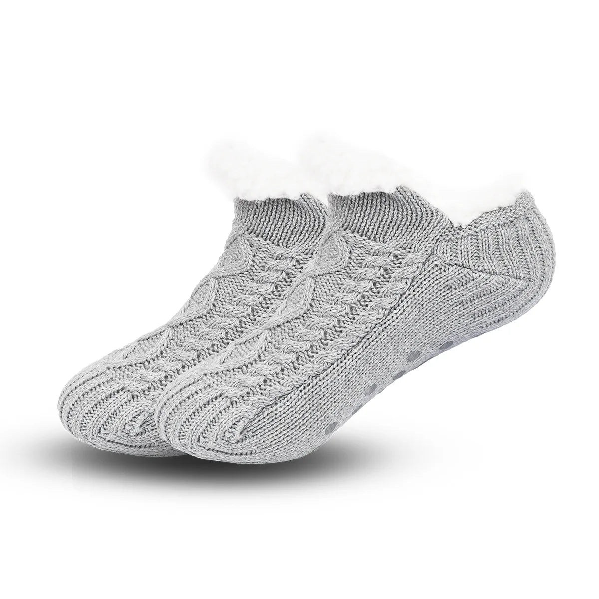 Pair of gray knitted socks on a white background