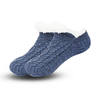 Pair of blue socks with white cuffs on a white background