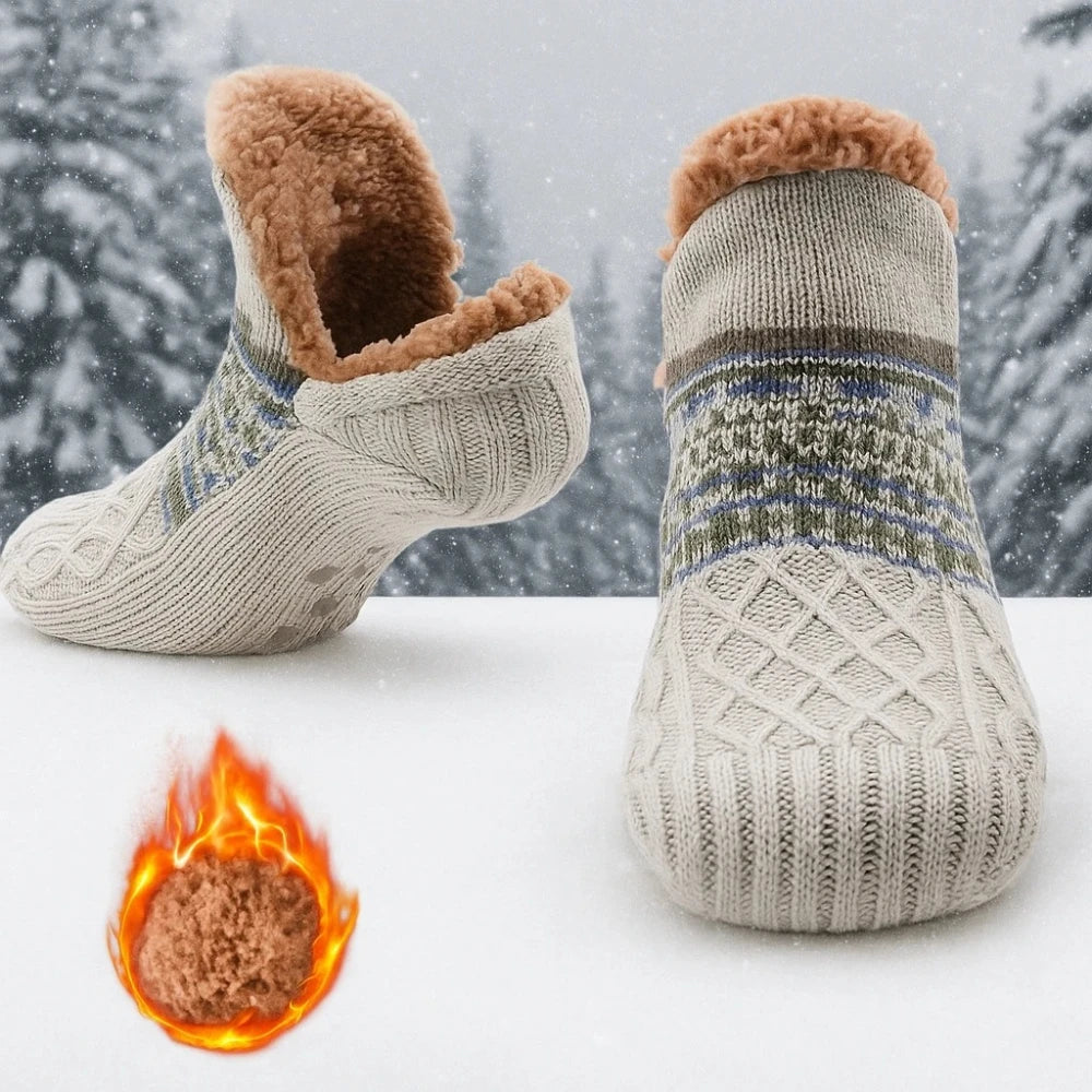 Pair of patterned socks with fluffy tops on a snowy background