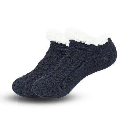 Pair of navy blue socks with white fleece lining on a white background
