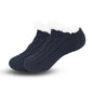 Pair of navy blue socks with white fleece lining on a white background