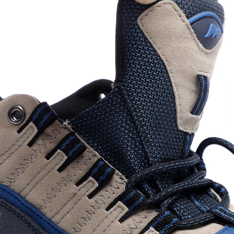 Close-up of a blue and beige shoe with text on a white background
