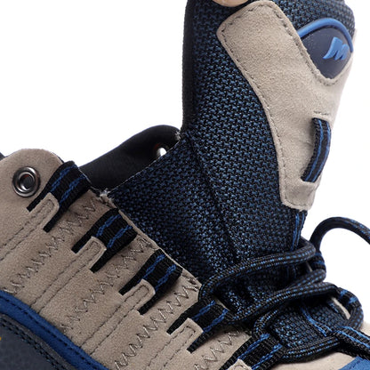 Close-up of a blue and beige shoe with text on a white background