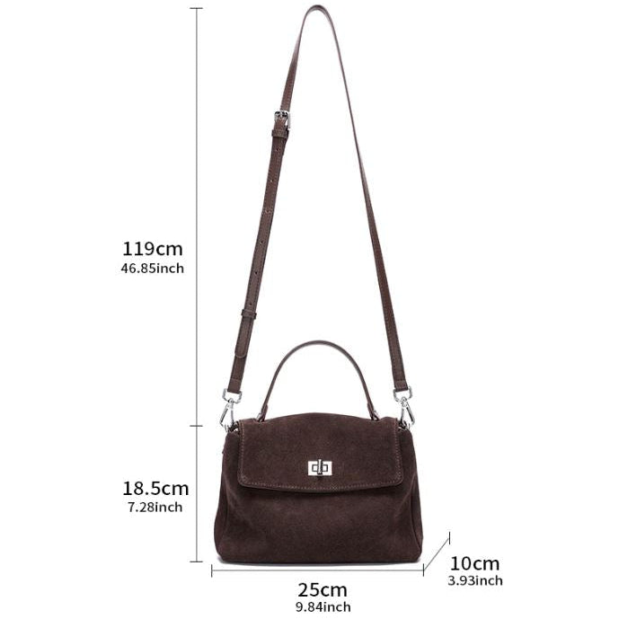 Brown handbag with measurements on a white background
