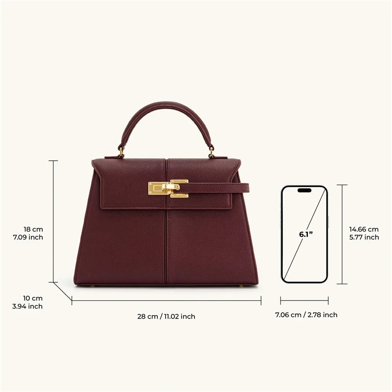 Burgundy handbag with gold hardware and its dimensions on a white background