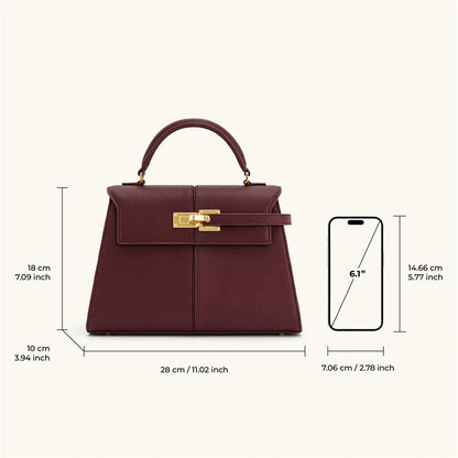 Burgundy handbag with gold hardware and its dimensions on a white background
