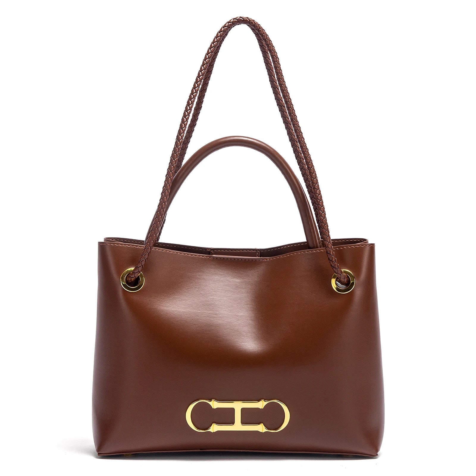 Brown handbag with a gold clasp on a white background