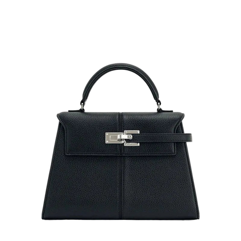 Black handbag with silver clasp on a white background
