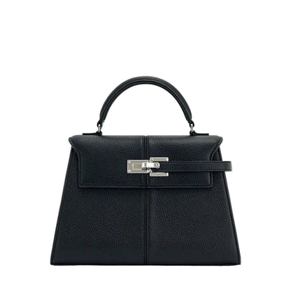 Black handbag with silver clasp on a white background