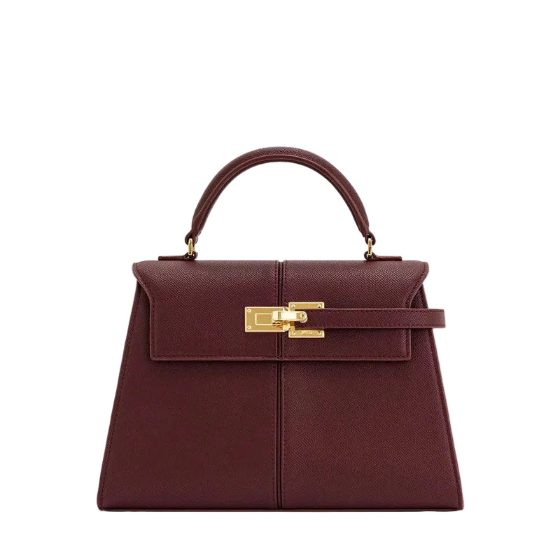 Brown handbag with gold clasp on a white background