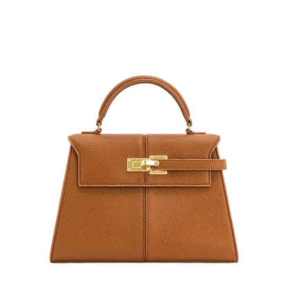 Brown leather handbag with gold hardware on a white background