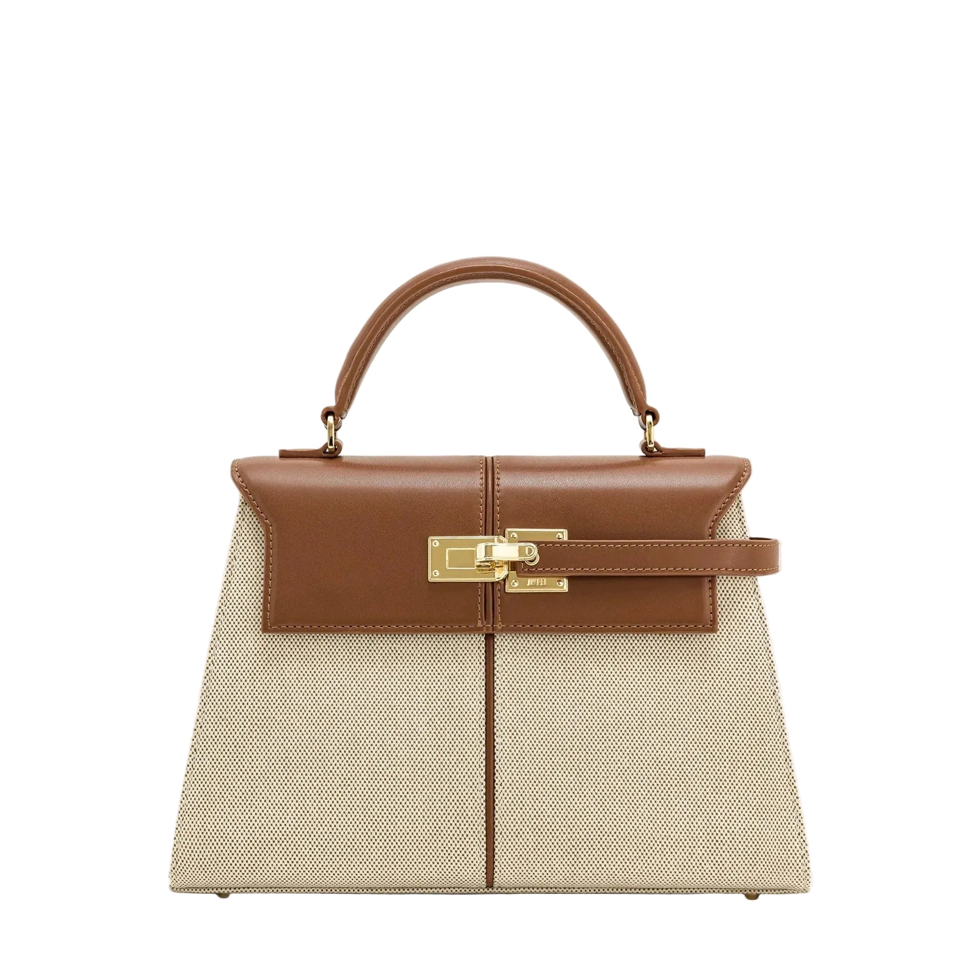 Handbag with brown top section and beige bottom section on a white background
