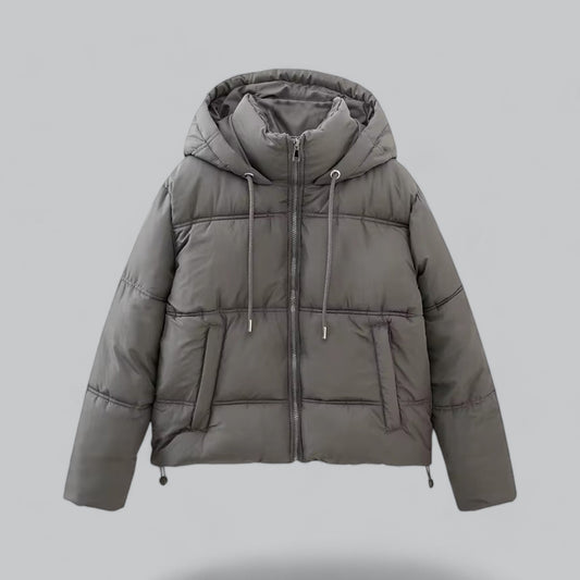 Gray puffer jacket with a hood on a light gray background