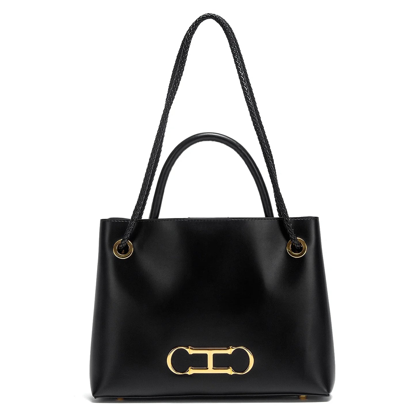 Black handbag with gold hardware on a white background